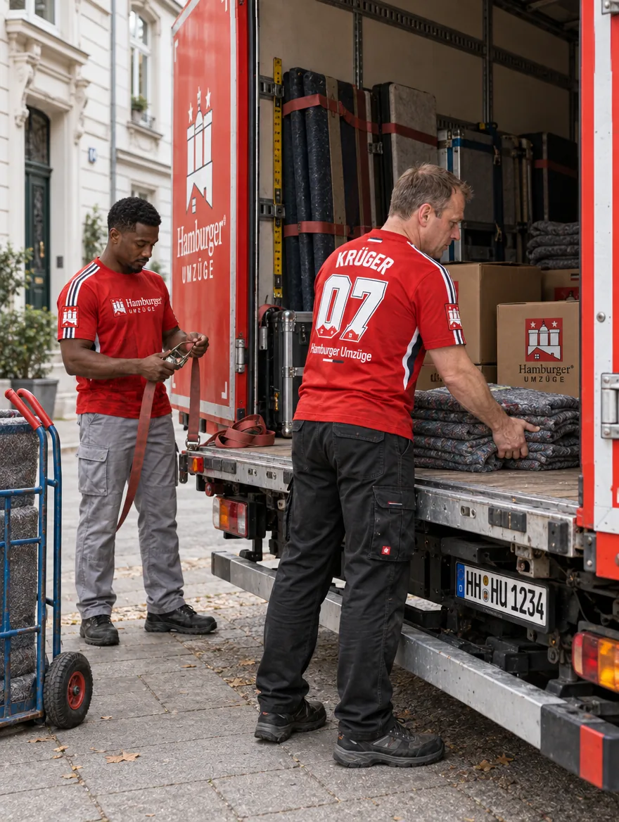 Team von Hamburger Umzüge bereitet den Möbeltransport am roten Umzugswagen vor