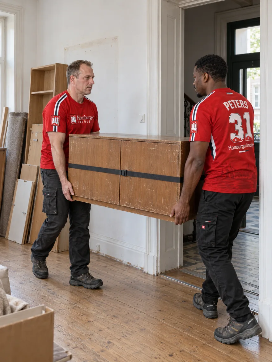Zwei Mitarbeiter von Hamburger Umzüge tragen eine alte Kommode zur Abholung aus der Wohnung