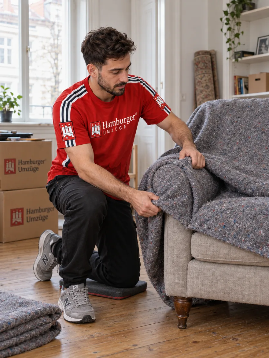 Mitarbeiter von Hamburger Umzüge schützt ein Sofa mit einer Umzugsdecke für den Transport