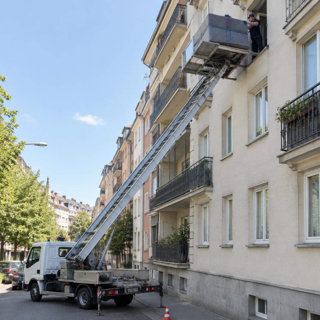 Möbellift transportiert ein Sofa über die Hausfassade
